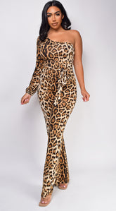 Zorina Brown One Sleeve Leopard Print Jumpsuit